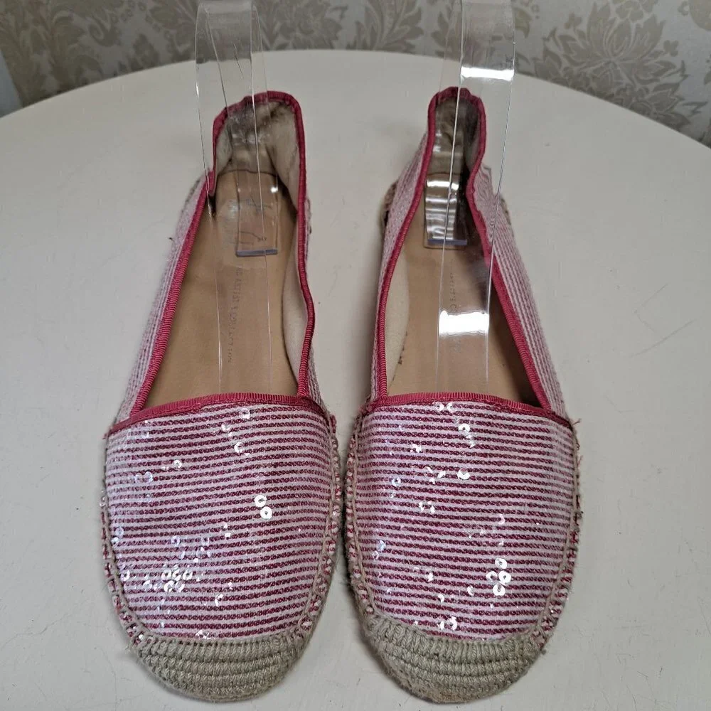 Franco Sarto Size 8.5 A-Whip Pink and White Striped Espadrilles Sequins Jute